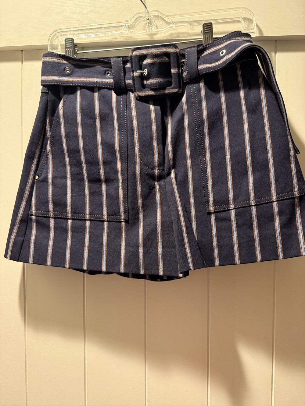 Derek Lam Navy and White Striped Belted Bermuda Shorts
